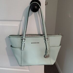 Michael Kors Mint Leather Shoulder Tote with Logo Charm